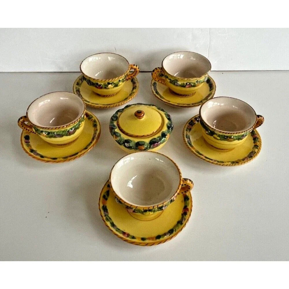 Vtg BITOSSI Italy Della Robbia Coffee Set Cups Saucers Sugar Hand Painted Yellow